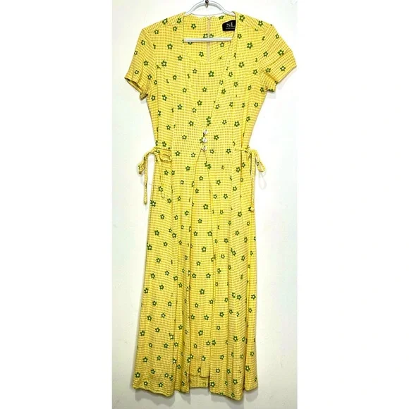 Vintage 90s Flower Power Gingham Maxi Dress Layers Gathers Ties Yellow Stretch S - Picture 1 of 7